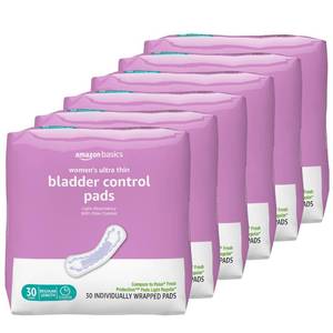 lot 9843 image: Amazon Basics Womens Incontinence Pads, Postpartum, Bladder Control, Light Absorbency, Unscented, 180 Count (6 Packs of 30)