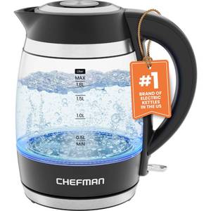 lot 9847 image: Chefman Electric Kettle, 1.8L 1500W, Hot Water Boiler, Removable Lid for Easy Cleaning, Auto Shut Off, Boil-Dry Protection, Stainless Steel Filter, BPA Free, Borosilicate Glass Electric Tea Kettle