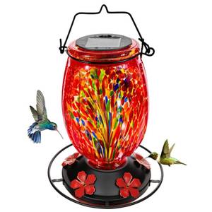 lot 9852 image: Solar Hummingbird Feeder for Outdoors Hanging Patio Designed 32 Ounces Colorful Hand Blown Glass Hummingbird Feeder 5 Feeding Ports with Perch Never Leak (Red)