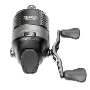 lot 9853 image: As is used Zebco Omega Pro Spincast Fishing Reel, Size 30 Reel, Dual Ceramic Pick-up Pins, Solid-Brass Pinion Gear, GlideLine ll Line Retrieval System, Pre-Spooled with 10-Pound Fishing Line, Braid Ready, Black