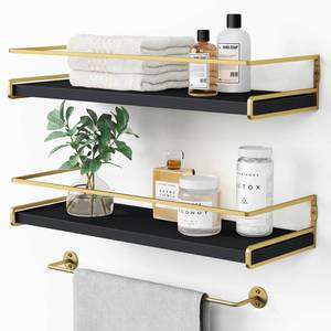 lot 9859 image: Forbena Black and Gold Bathroom Floating Shelves for Wall, Decorative Wall Mounted Shelves for Kitchen Coffee Bar Station Organizers and Storage, Hanging Shelving Unit for Bedroom Living Room (2-Pack)
