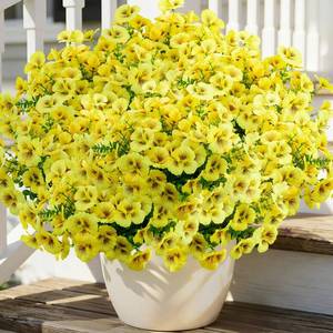 lot 9870 image: Griine 12 Bundles Artificial Pansy Flowers for Outdoor, UV Resistant Faux Silk Pansies for Window Box Planter, Fake Spring Flowers for Front Door Porch Patio Yard Decor (Yellow)