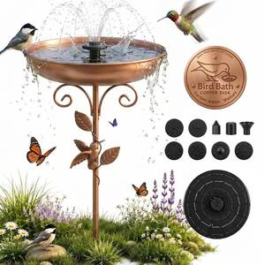 lot 9883 image: Solar Bird Bath Fountain Set, 41 Metal Bird Bath with 1.4W Solar Fountain Pump, 9 Nozzles, Copper Cleaning Disk, Outdoor Garden Bird Bath for Patio, Yard, Lawn & Water Circulation