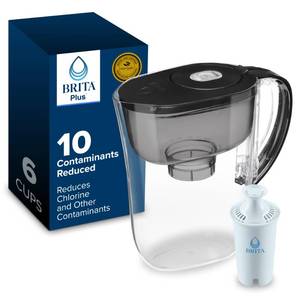lot 9889 image: Brita Small 6 Cup Water Filter Pitcher, 1 BritaPlus Filter, Metro, Black