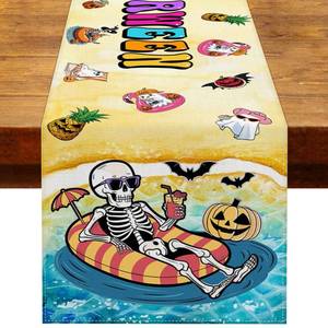 lot 10193 image: Heyfary Summerween Decorations Table Runner Tropical Gothic Halloween in Summer Spooky Ghost Beach Party Home Kitchen Dining Room Table Decor