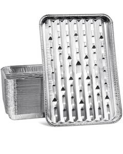 lot 10269 image: Matchwaves 25Pcs Broiler Pans for BBQ Grill, 9x13 Grill Pan Liners with Ribbed Surface, Disposable Aluminum Foil Trays for Oven Without Hole