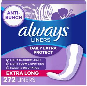 lot 10275 image: Always Panty Liners for Women Anti-Bunch Xtra Protection Daily Liners, Extra Long, Unscented, 68 Count x 4 (272 total)