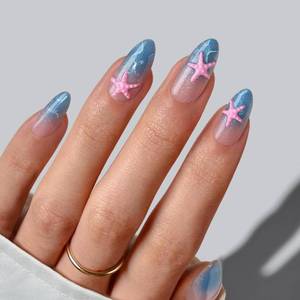 lot 10288 image: BTArtbox Press On Nails, Medium Almond Blue Fake Nails, 30Pcs Full Kit