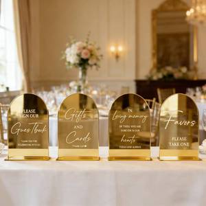 lot 10291 image: Acrylic Cards and Gifts Sign with Stand, 5x7 inch Black Arched Wedding Table Signs and Base, 18 Thick Arch TableTop for Wedding Reception & Event Party Table (Gold mirror, All 4pcs)