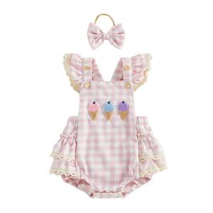 lot 10309 image: COORALLY Baby Girl Plaid Romper Lace Trim Ice Cream Embroidery Ruffle Sleeve Infant Bodysuits Jumpsuits with Headband (Pink, 12-18 Months)