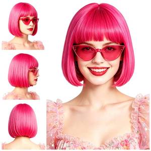lot 14477 image: Lavwix Short Bob Straight Hair Wig with Bangs Hot Pink
