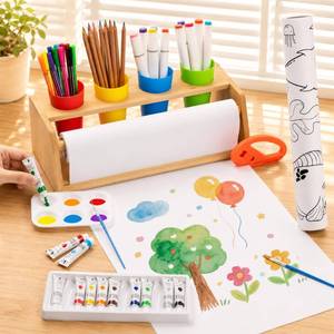 lot 19176 image: Paper Roll Dispenser for Kids Art Tabletop Easel with Blank & Patterned Paper Rolls, 12 Pigments, Drawing Tools, Pen Cups Craft Station for Kids Ages 3-8 in Home, Classroom