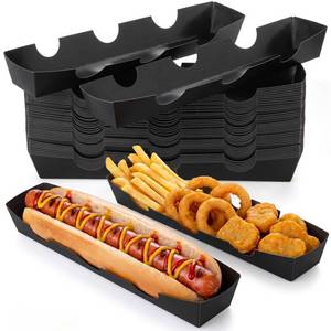 lot 19177 image: Yiyiring 200 Pieces Disposable Hot Dog Trays Bulk 10.24 x 1.5 x 1.26 Inch Hot Dog Container Holder Heavy-Duty Paper Serving Trays for Party Taco Fries Snack Nacho BBQ Festivals Party(Black)