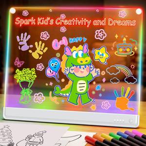lot 19198 image: 19.7-Inch Rechargeable Doodle Glow LED Note Board,15-Color Light Effects,Neon Light Up Drawing Tablet Up Drawing Pad Dry Erase with Built-in Stand,Gift Toy for KidsGirlsTeens,7 Markers Tracing Book (Used)