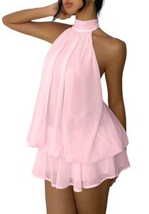 lot 20212 image: Fhykiss Womens Chiffon Halter Drop Waist Mini Dress Wedding Guest Dresses Ruffle Formal Holiday Club Brunch Outfits Pink M