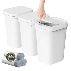 lot 1013 image: KSSKSS 3 Pack Bathroom Small Trash Can with Lid, 2.6 Gallon Slim Garbage Bin with Pop-Up Lid, 10L Plastic Wastebasket for Bedroom, Office, Kitchen, Toilet (White)
