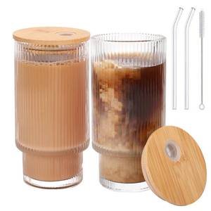 lot 1025 image: AiMQnLe Glass Cups with Bamboo Lids and Straws - 16 oz Reusable