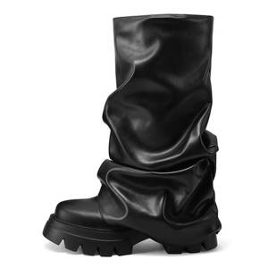 lot 1029 image: VOMIRA Slouchy Fold Over Boots for Women - Round Toe, Stacked Heel, Pleated Pull On, Wide Calf, Black Platform, Mid Calf Boots