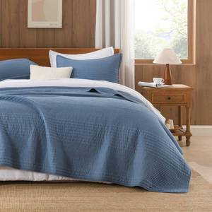 lot 1966 image: Andency 100% Cotton Queen Navy Quilt Set, Striped Quilted Bedspread