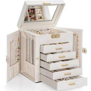 lot 1977 image: TORIBIO Large Jewelry Box for Women, Leather Jewelry Organizer with Mirror & Lock, 6-Tier Jewelry Storage Case for GirlsWomenMothers, Necklace Earring Bracelets Holder Organizer