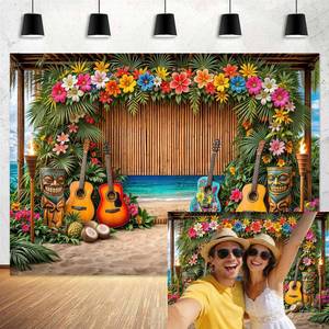 lot 2000 image: 7X5FT Hawaiian Aloha Party Backdrop, Summer Tropical Beach Luau Photography Background Decorations, Summer Hawaiian Tropical Floral Palm Leaves Tiki Themed Party Supplies Photo Booth Props