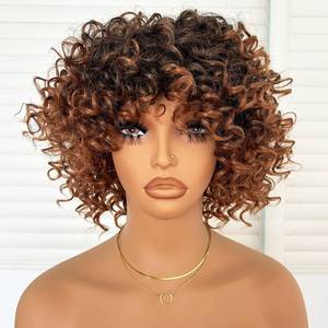 lot 2318 image: Charming cascade Short Kinky Curly Wig with Bangs, Ombre Brown Loose Curly Bob Wig, 6 Inch Synthetic Heat Resistant Bouncy Curls, Full Wig for African American