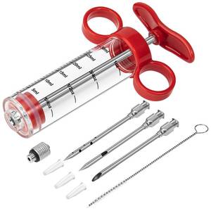 lot 2337 image: Kingsmile Meat Injector, Turkey Injector Syringe - 3 Needles for BBQ Grill, 1oz Meat Injector Syringe, Injector Marinades for Meats, Meat Injectors for Smoking 1 Cleaning Brush Easy to Use & Clean Red