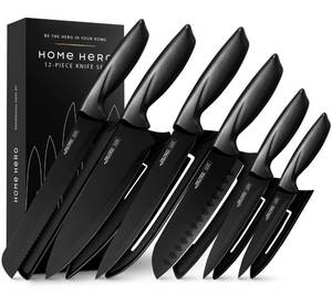 lot 2435 image: Home Hero High Carbon Stainless Steel Knife Set - Chef Knife Set Precision Slicing & Versatility - Nonstick Ceramic Coated Blades & Easy Cleaning - Ergonomic Handles & Secure Grip - 12-Piece, Black
