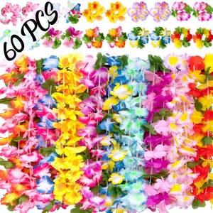 lot 2498 image: Moon Boat 60 Pieces Hawaiian Luau Leis - Tropical Tiki Hibiscus Flowers for Summer Pool Party Favors Supplies Decorations - 10 Styles