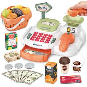 lot 7241 image: Cash Register 36PCS Supermarket Shop Toys with Electronic Sounds,Working Scanner,Calculator,Credit Card Reader,Play Food and Money Preschool Learning for Girl Boys Kids (Green)