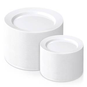 lot 7255 image: FLOWERCAT 200PCS White Plastic Plates Disposable Plates for Party - White Bulk Plastic Plates - 100 10 Dinner Plates and 100 7 Salad Plates for Wedding & Summer Parties and Events
