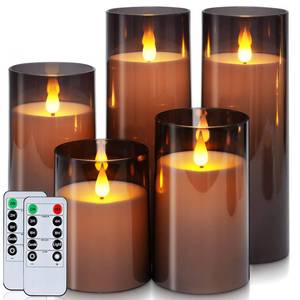 lot 7256 image: Homemory Gray Flickering Flameless Candles, Battery Operated Acrylic LED Pillar Candles with Remote Control and Timer, Halloween Decor, Set of 5