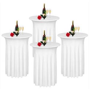 lot 7283 image: Albassa 4 Pack Cocktail Table Covers 32x 43 Spandex Stretch Round Cocktail Tablecloths with Wavy Drapes Fitted High Top Bar Table Skirt for Wedding Party Banquet (White, 4 PCS)