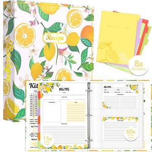 lot 7294 image: 3 Ring Recipe Binder 8.5 x 11 Recipe Book Recipe Binder Kit with 60 Printed Recipe Cards 4 x 6, 8 Category Dividers to Write in Your Recipes, Unique Gifts for Women (Yellow)