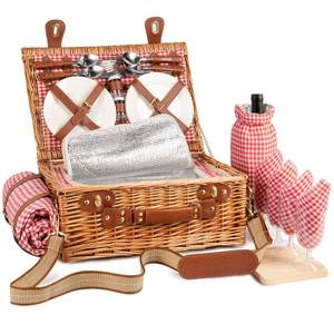 lot 7311 image: Wicker Picnic Basket Set for 4 Person with Cooler Compartment and Waterproof Picnic Blanket,Removable Strap,Wine Bag,Cutlery Set,for Camping,Day Travel,Beach,Hiking,BBQ and FamilyCouples Gifts (Red)