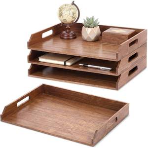 lot 7314 image: AceOrbit 3 Pcs Stackable Paper Tray Acacia Wood Desk Organizer Letter Tray
