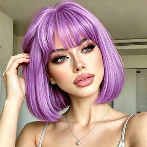 lot 8078 image: YOUNIGA Short Bob Wigs With Bangs Purple Bob Cut Synthetic Hair 12 Inch Daily Cosplay Wig (Purple)