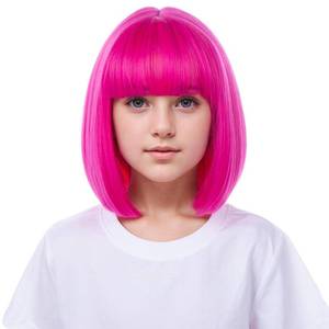 lot 8085 image: Tadscoyo Kid Hot Pink Bob Wig Child Short Rose Red Straight Wig with Bangs