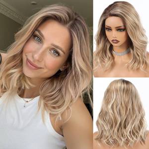 lot 8128 image: HAIRCUBE Synthetic T Lace Front Wig,Side-Parted Glueless Lace Wigs for Women, 16-Inch Shoulder Length Wavy Style for Daily Wear, Party & Date (Ombre Ash Blonde)