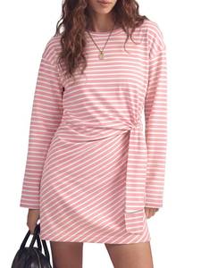 lot 8144 image: Fisoew Womens Striped T Shirt Dresses Casual Long Sleeve Wrap Waist Loose Active Mini Dress Pink M