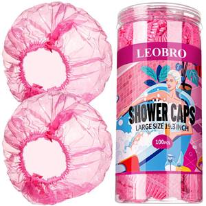 lot 8212 image: LEOBRO Disposable Shower Caps, 100PCS Large Shower Cap, Plastic Shower Caps for Women Disposable, Thick Plastic Caps for Hair Treatment, Large Size 19.3 INCH, Pink