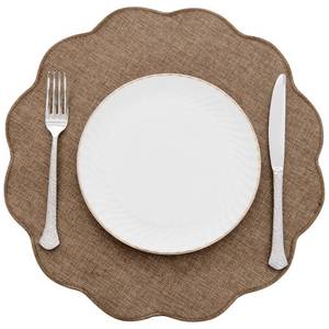 lot 8253 image: SHACOS Scalloped Round Placemats Set of 6 Polyester Linen Blend 15 inch Washable Non Slip Place Mats Easy Clean Heat Resistant Table Mats for Kitchen Dining Table Decor, Brown