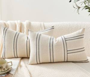 lot 8277 image: GriNeed Throw Pillow Covers Set of 2 12x20 Inch Striped Pillow Covers, Soft Decorative Cotton Lumbar Neutral Navy Blue Textured Case for Couch Sofa Bed Living Room, Home Modern Farmhouse Cute Decor