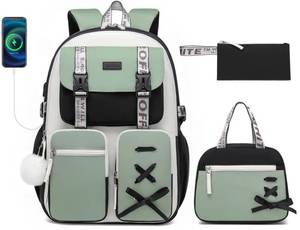 lot 9914 image: School Backpack for Teen Girls,3PCS Kids Backpack with Lunch Bag Pencil Case, Cute Bookbag for Elementary Middle High School College, 15.6 Inch Laptop Computer Bag Travel Backpack, Beige Green Black