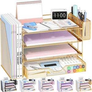 lot 13954 image: OPNICE 4-Tier Desk Organizer with Drawer and Pen Holders, Gold
