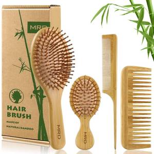 lot 20294 image: MRD Hair Brush Set, Natural Bamboo Comb Paddle Detangling Hairbrush, Wide-tooth and tail comb No Bristle, suit for Women Men and Kids ThickThinCurlyDry Hair Gift kit (Used)