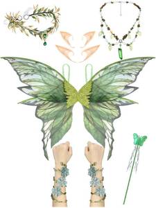 lot 20321 image: Fourluoo 8 Pcs Fairy Wings Elf Costumes for Women Butterfly Wing Crown Elf Ear Necklace Arm Wrap Wand for Renaissance Cosplay(Fresh Green)