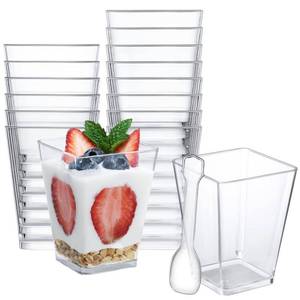 lot 20324 image: SHOPDAY 5 oz Plastic Dessert Cups 50 Pack Small Clear Square Parfait Cups with Spoons, Mini Plastic Tumbler Serving Cups for Tasting Party Appetizers Mousse Yogurt
