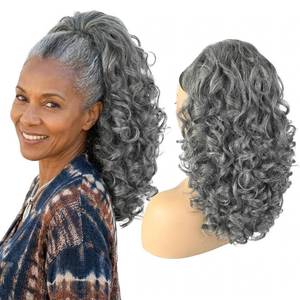 lot 20354 image: Curly Drawstring Ponytail for Women Natural Yaki Synthetic Hair M1B Gray