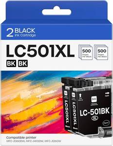 lot 20374 image: LC501XL Black Ink Cartridges 2 Pack Compatible with Brother MFC-J1360DW